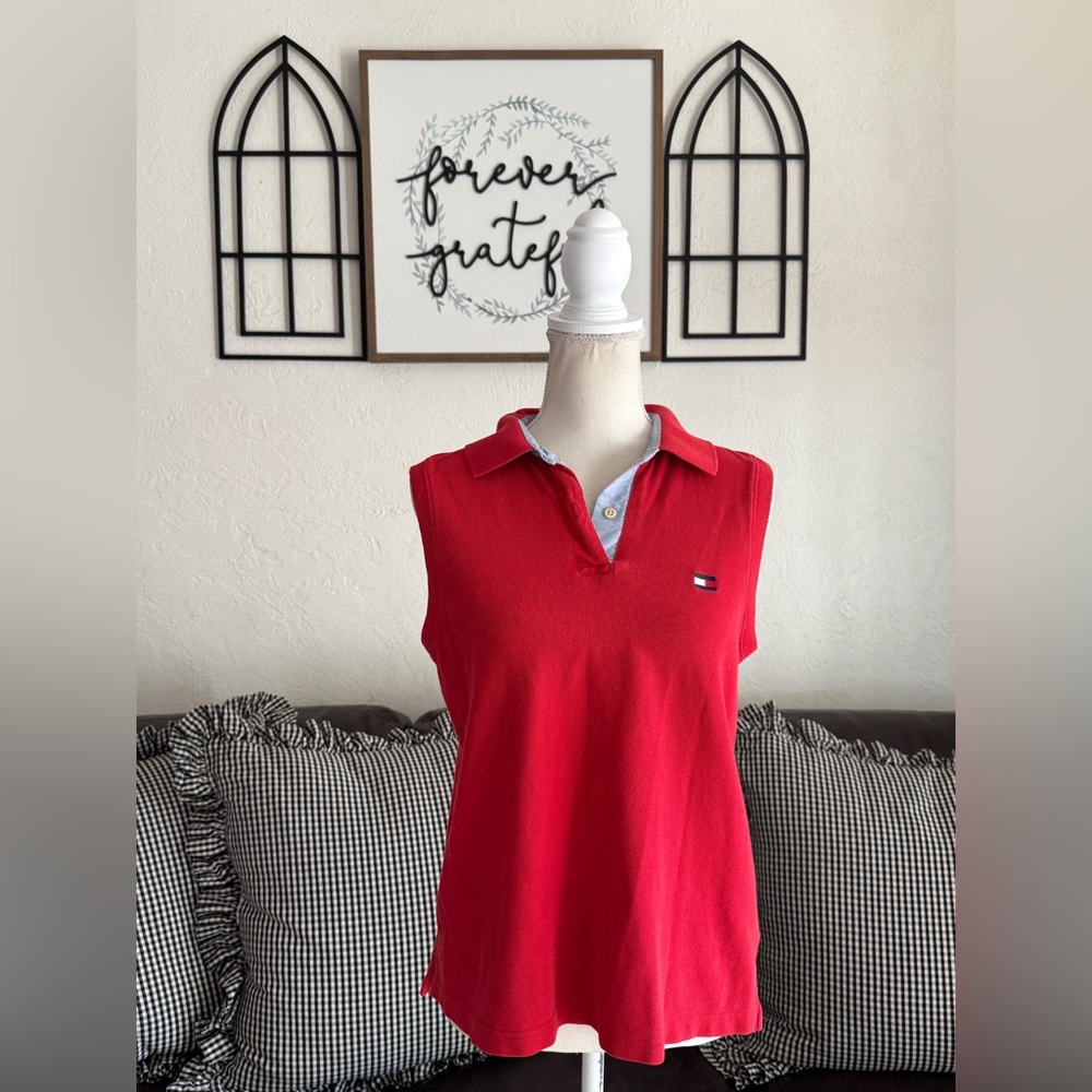 Tommy Hilfiger Bright Red Sleeveless Polo Shirt Size L Preppy Retro Summer Y2K